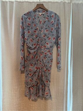Veronica Beard Light Blue Floral Ruched V-Neck Long Sleeve Dress